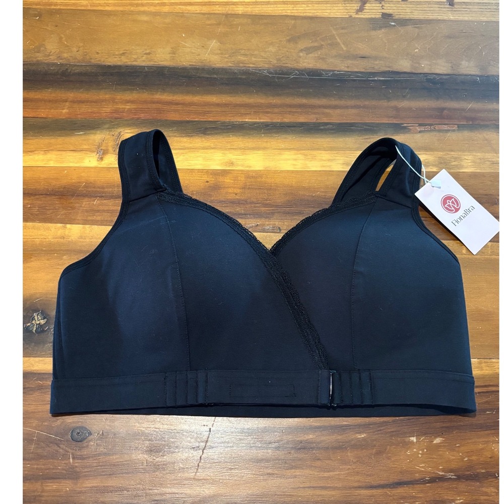 FionaBra Women Black Front Closure Wireless Cotton Comfort Bra XL New